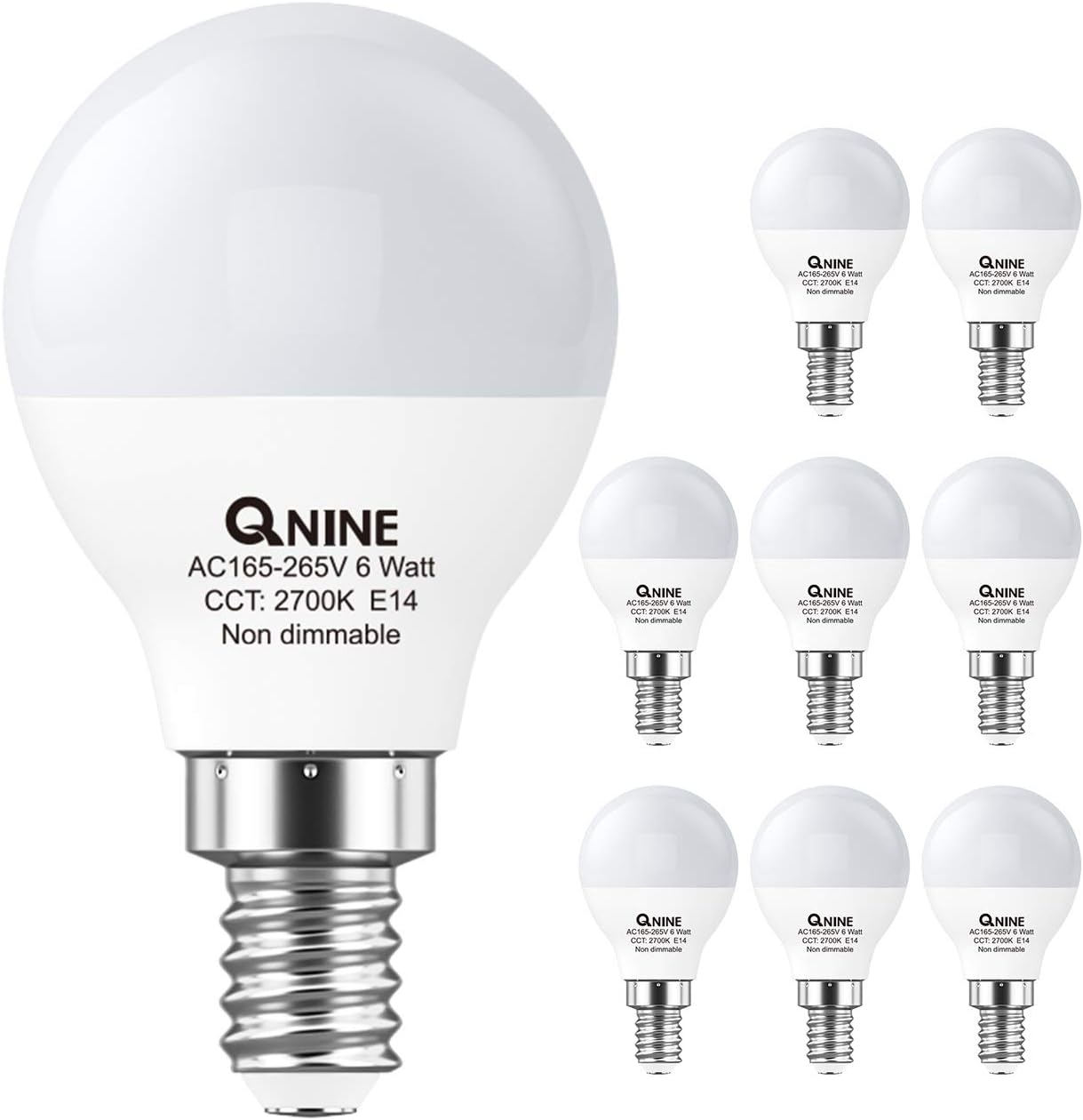 QNINE LED Light Bulb E14, 6W (60W Equivalent), 540lm Golf Ball Bulb, Small Edison Screw Bulb, 2700K Warm White, Non Dimmable, 8 Pack