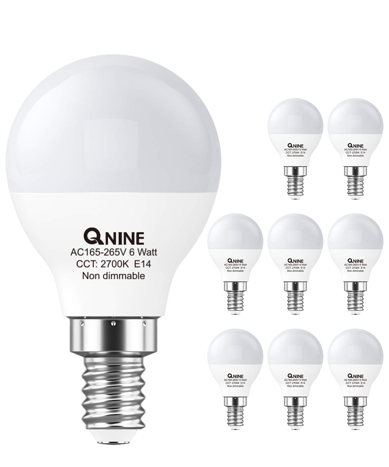 QNINE LED Light Bulb E14, 6W (60W Equivalent), 540lm Golf Ball Bulb, Small Edison Screw Bulb, 2700K Warm White, Non Dimmable, 8 Pack