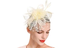 Sunbilien Fascinators Hat for Women, Off White Flower Mesh Ribbons Feathers Headwear with Headband & Clip, Elegant Vintage Fo
