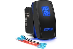 FABOOD F Stereo Rocker Switch 5Pin Laser On/Off Blue LED Light 20A/12V 10A/24V Toggle Switch with Jumper Wires Set for Automotive Boat Marine Truck Jeep Off-Road Bus RV Music CD