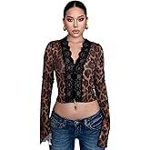 Women Leopard Print Lace Mesh See Through Crop Tops Sexy Button Long Flare Sleeve Blouse T-Shirt for Party Club Festival