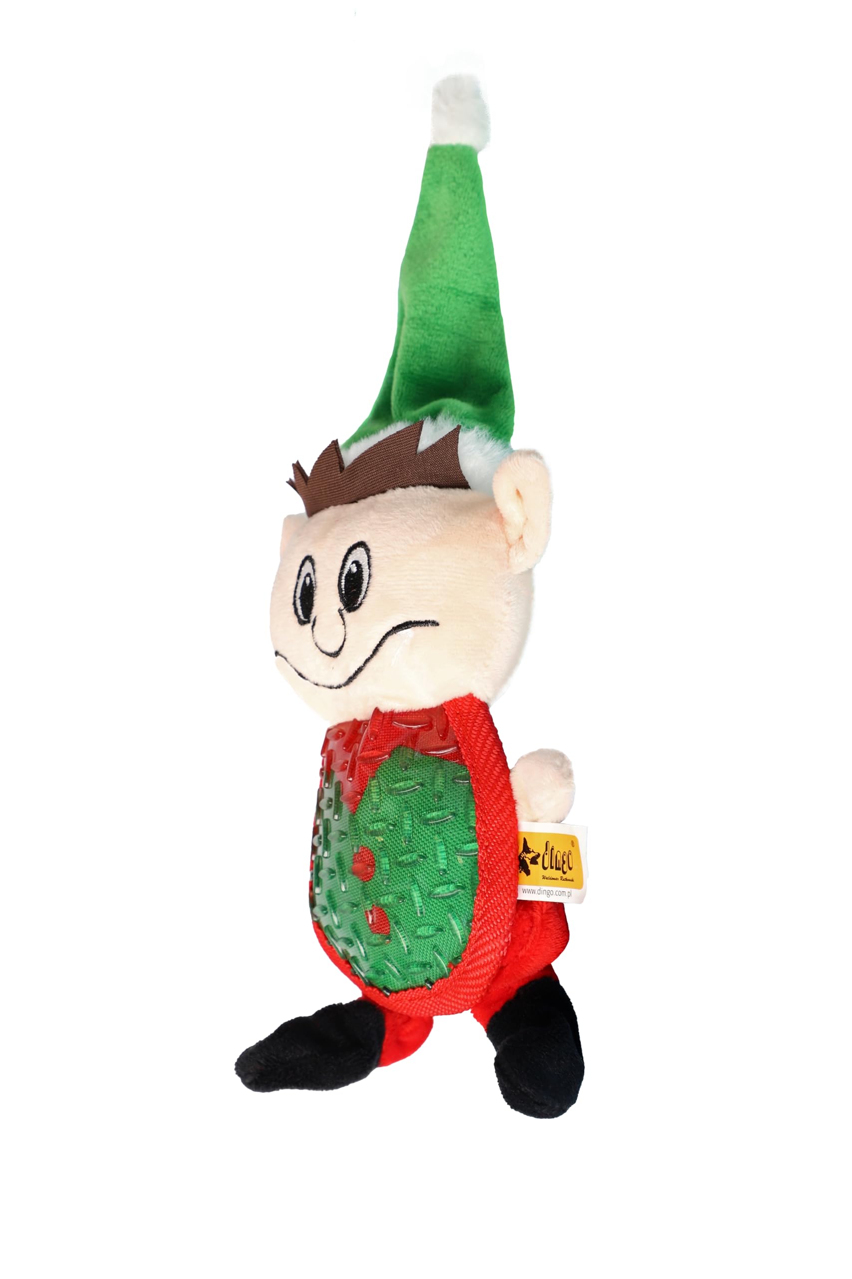 DINGO Plush Elf Dog Toy with Green Hat and Sewn-in Squeaker, Funny for Dog Training, Fetch, Play, Reward, Flat Toy 34 cm Long, Multicolor 17473