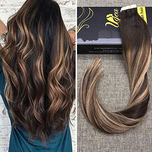 Ugeat 14inch 20pcs/50g Tape in Human Hair Extensions Balayage Color Dark Brown Mixed Honey Blonde Ombre Extensions Remy 100% Human Straight Hair Full Head
