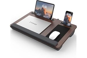 Potuopy Lap Desk - Up to 17” Laptop with Wrist Rest, Portable Handle, Fixed Mouse Pad, Tablet & Phone Slots, Laptop Lap Desk with Cushion (Dark Brown)