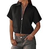 Tankaneo Womens Trendy Vest Top Summer Casual Short Sleeve Zip Up Blazer Cropped Loose Fit Collared Blouses