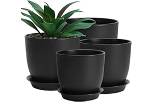 Whonline Plastic Plant Pots 10/9/8/6 Inch 4pcs Flower Planter Pot Indoor for Plants with Drainage Hole and Tray Modern Decorative for Gifts Succulents Flowers Cactus, Black