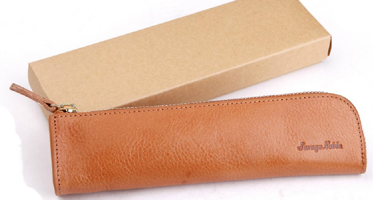 Genuine Leather Pen Case Pencel Holder - Brown