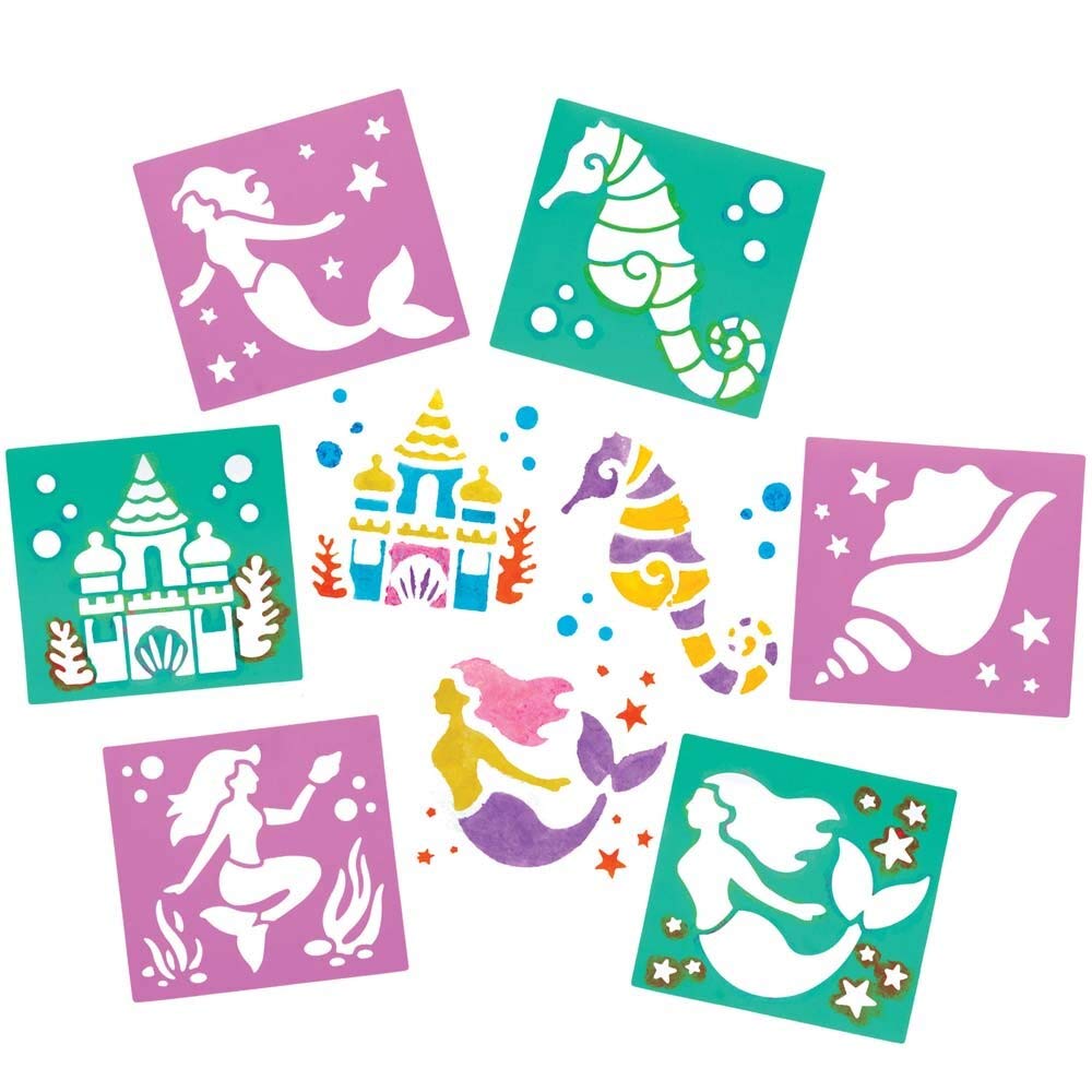 Baker Ross FE203 Mermaid Stencils - Pack of 8, Plastic Stencils for Children, Art Set for Kids to Create and Design Themed Books, Cards and Pictures