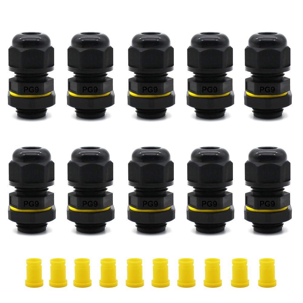 HUYU Waterproof IP68 PG9 Connectors, 10 PCS Nylon Plastic Cable Glands for 4-8mm Cable Home/Garden/Outdoor Lighting