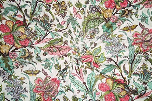 Rajcrafts Cotton Flower print Design Jaipuri Running Dress making Fabric, Handmade, Hand block for men and women, Size- 5 Meter (White)