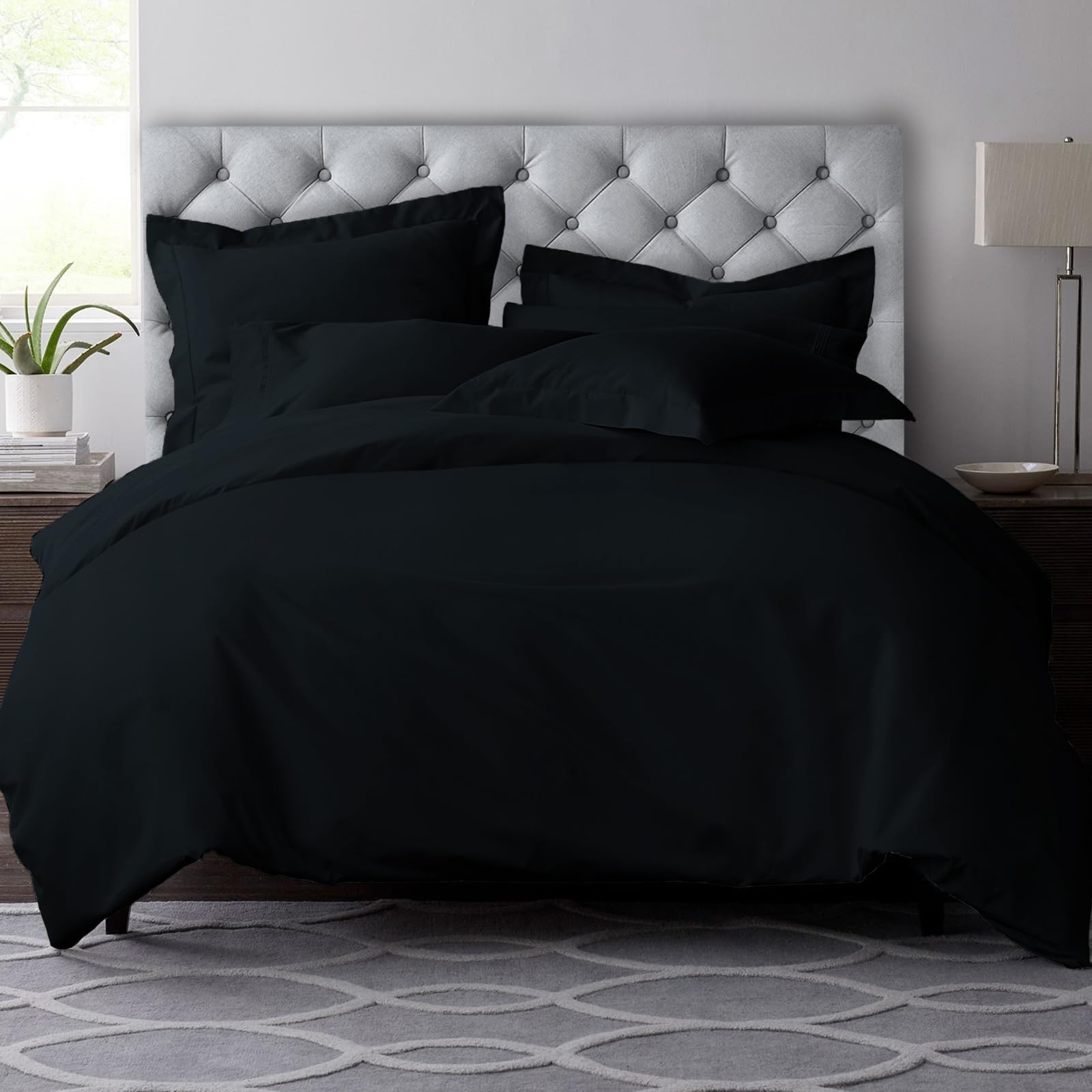 Pizuna Pure Combed Cotton Duvet Cover Set King Size Black, 600 Thread Count 100% Long Staple Cotton King Size Duvet Cover 230x220cm, Sateen Quilt Cover with Button Closure (King Duvet Cover)