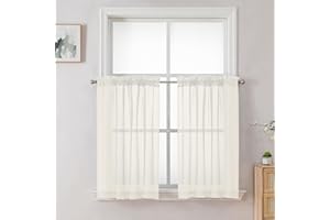OVZME Cream Sheer Curtains 36 inch Length 2 Panels Set, Light Filtering Voile Rod Pocket Short Window Curtians for Bathroom L