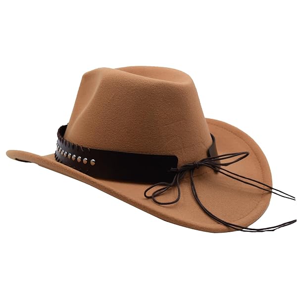 IFSUN UNISEX WESTERN COWBOY HAT FUR FELT COWGIRL HATS WIDE BRIM WITH BELT BUCKLE BEIGE