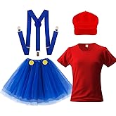 Haysandy 4 Pcs Halloween Cosplay Costume T Shirt Cap Blue Suspenders Tutu Skirt Costume Accessories for Themed Party