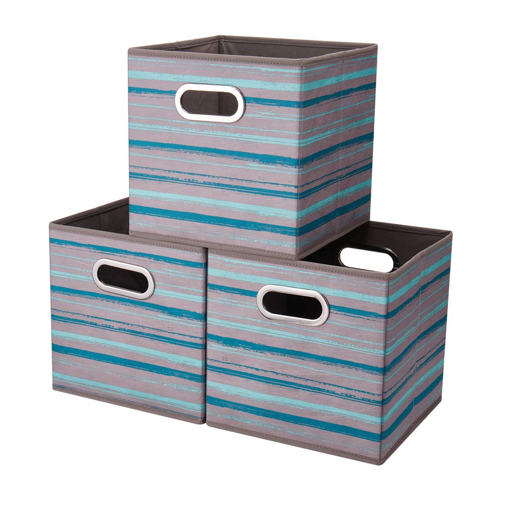HSDT 3 Cube Storage Bins Teal Stripes Gradient Lines 13x13x13 Inch Foldable Whale Coastal Print Fabric Storage Basketes for Home Organizers Storage Drawer,QY-SC05-3