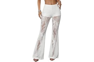 Women's High Waist Flared Lace Pants, See Through Sheer Bell Bottom Trousers with Lining for Going Out