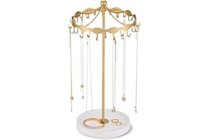 Lolalet Rotating Necklace Holder Stand with Metal Hooks, Spinning Display Carousels, Freestanding Organizer Hanger, for Long Necklaces Chains -Gold