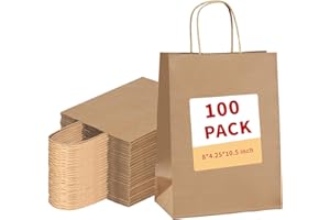 vanhel 100 Pack Brown Paper Bags with Handles,8x4.25x10.5 Inches,Gift Bags Medium Size,Gifts Bag Bulk for Festival,Birthday,Favor,Party,Shopping,Retail Merchandise.