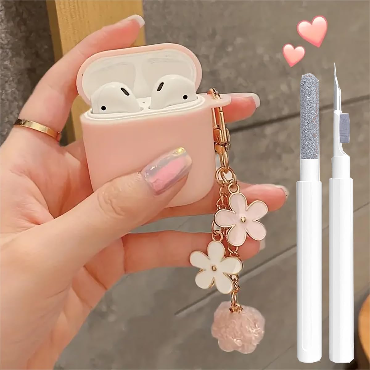 Photo 1 of Cute Pink Case for Airpods 2nd/1st Generation Cover for Girl Women with Pom pom Flower Keychain & Cleaner Kit, Soft Silicone Airpods iPod 2nd/1st Gen Protective Cover Skin for Airpods 2/1, Pink