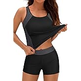 Daci Women 2 Piece Tankini Swimsuit - 2025 Tummy Control Sporty Bathing Suit Color Block Swim Tank Top with Boy Shorts