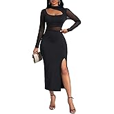 Milumia Women's Cut Out Mock Neck Mesh Dress Slit Hem Long Sleeve Bodycon Maxi Dresses