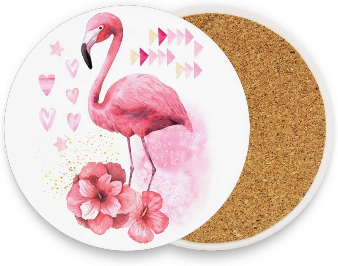 Tropical Pink Flamingo Coasters for Drinks 1 Piece Set Hibiscus Flowers Bird Animal Bar Cup Coaster Coffee Mug Glass Pad Tabletop Protection Mat for Housewarming Table Kitchen Dining Home Decor