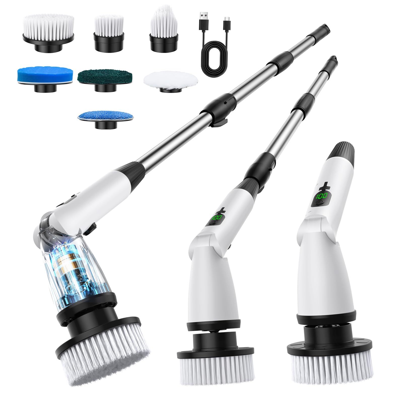 Photo 1 of 11 in 1 Electric Spin Scrubber Cordless Cleaning Brush 3 Adjustable Angles 2 Adjustable Speeds LED Display Shower Cleaner Brush Supplies Extension Long Handle for Bathroom Floor Tile Toilet Waterproof