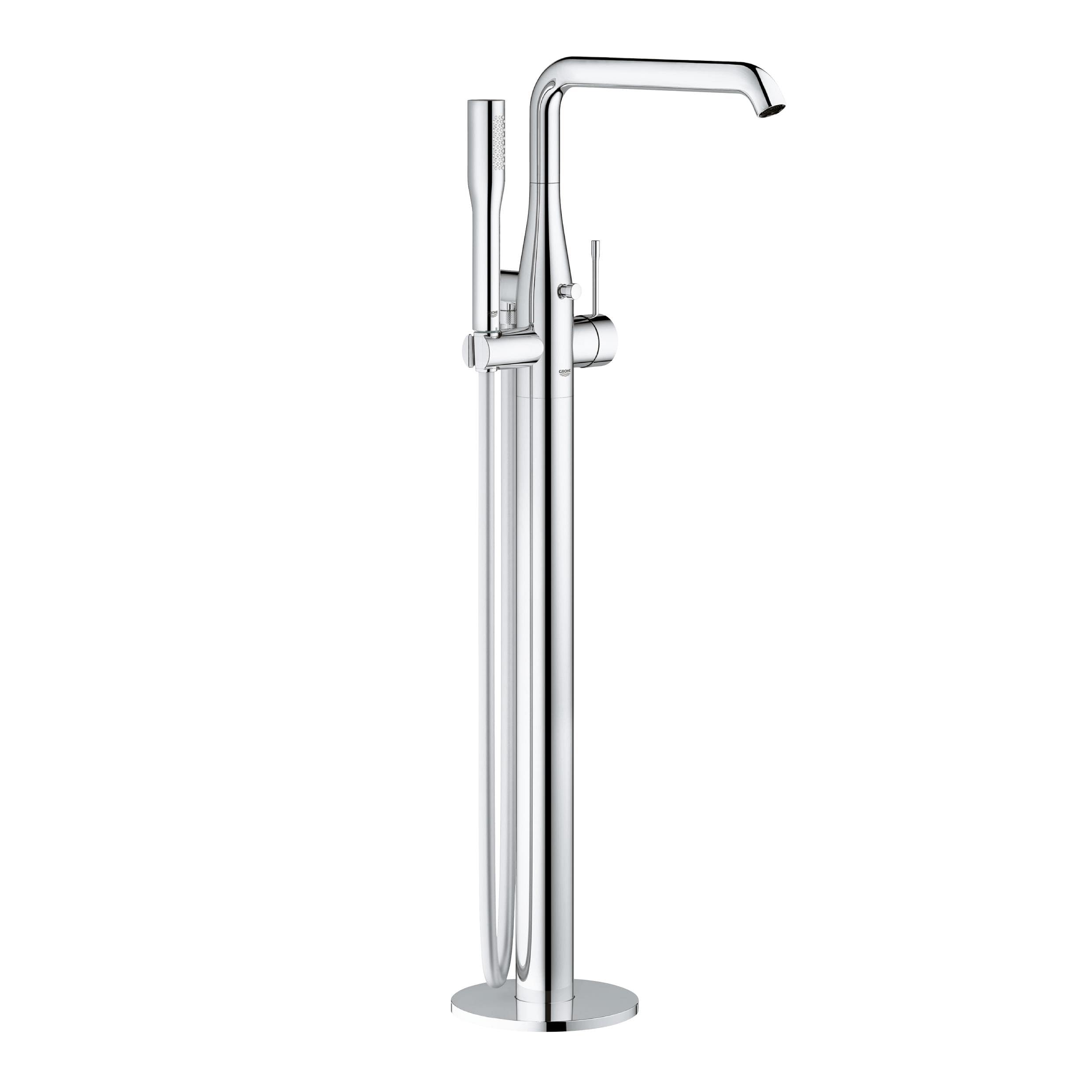 GROHE Essence Floor-Mounted Bath Filler Tap (Hand Shower, Automatic Bath/Shower Diverter, 35mm Ceramic Cartridge, Swivel Spout Projection 277mm, Hose 1.25m, Without Roughing-in-Set), Chrome, 23491001