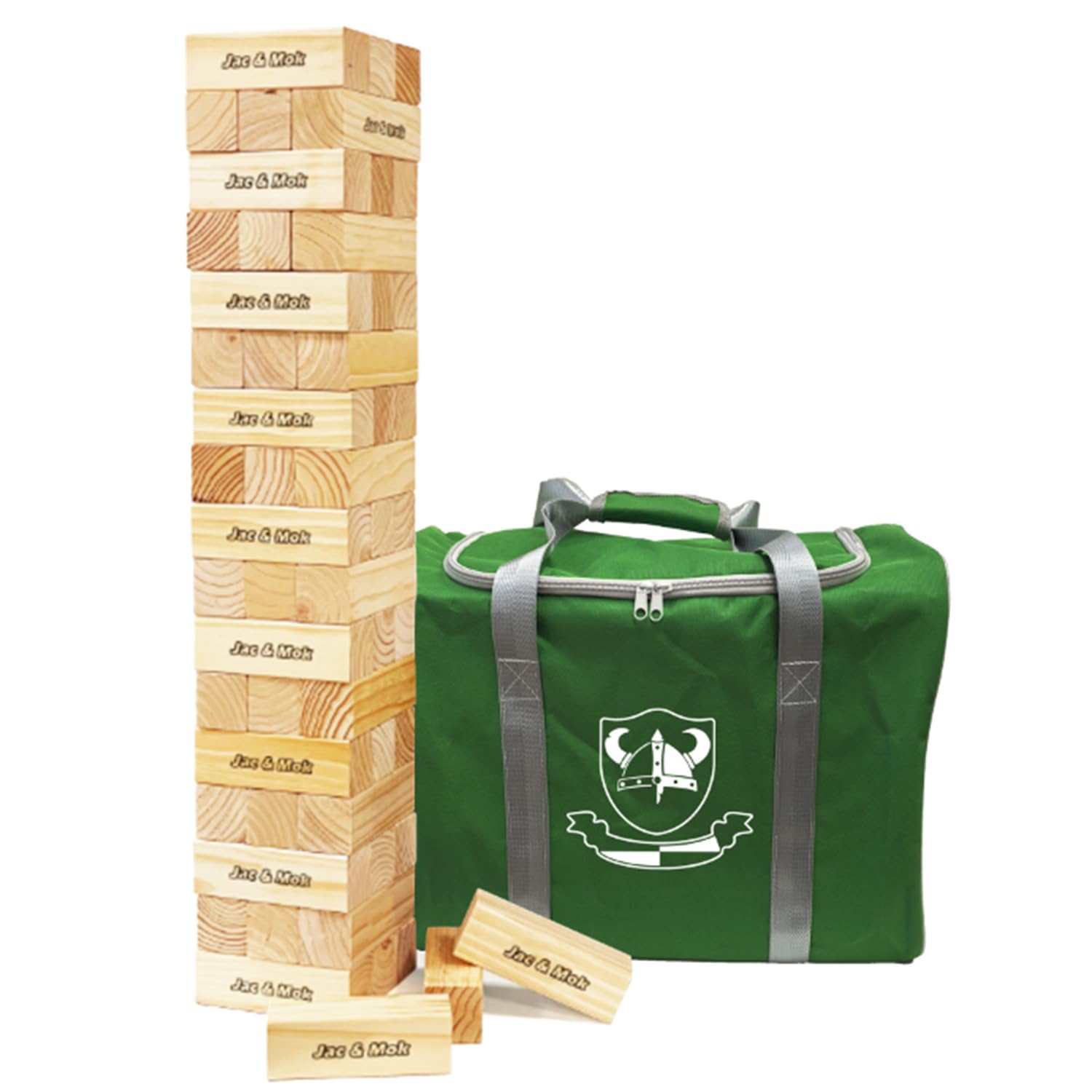 Jac & Mok Tumble Tower Game Wooden Blocks Stacking Timber Game Includes Carry Case (High, 54 Wooden Blocks) β image 1