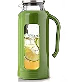 Delove Glass Pitcher with Lid & Shatterproof Shell – Heat-Resistant Borosilicate Glass Jug, 2 L/68 oz with Handle & Spout – Perfect for Iced Tea, Juice, Hot & Cold Water (Green)
