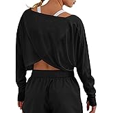 Fisoew Womens Long Sleeve Workout Tops Athletic Shirts Cropped Crossover Back Loose Running Gym Tee with Thumb Holes