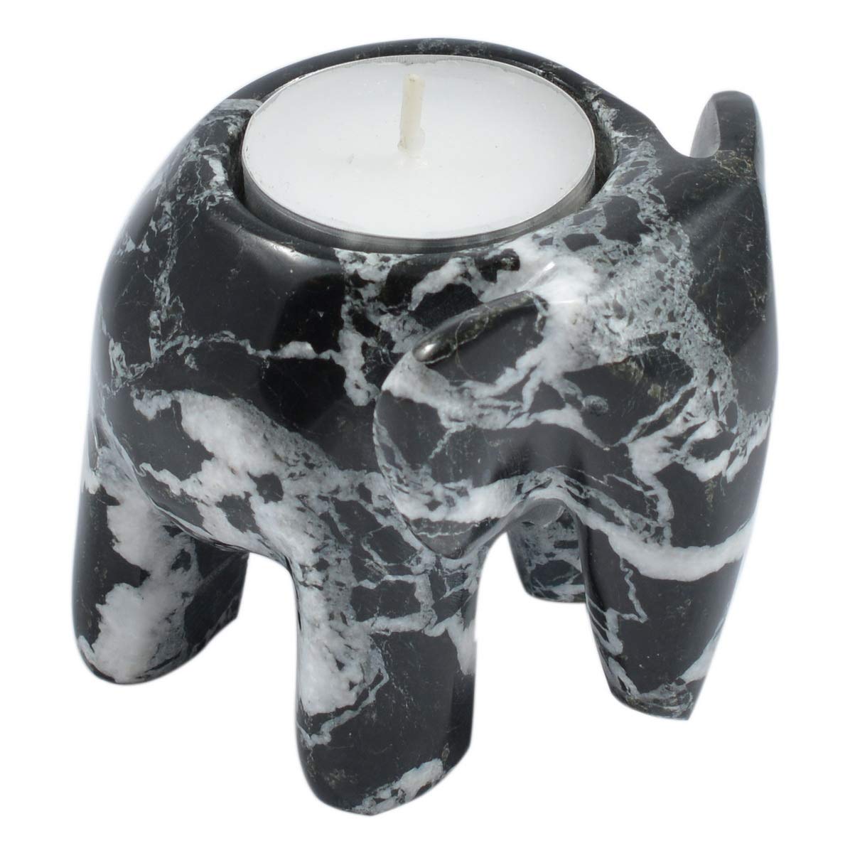 Elephant 3 Inch Marble Fossilstone Tea Light Candle Holder (Black Marble)