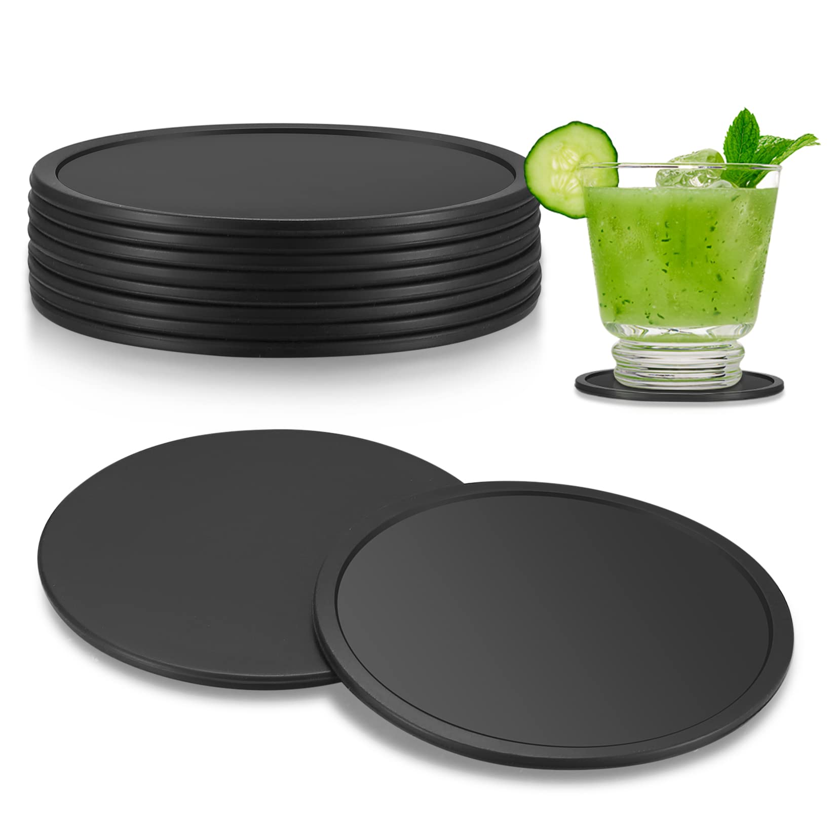 8 Pcs Silicone Coasters for Drinks, Black Round Mugs Coasters, Drink Coasters Pads Mats Non Slip for Coffee Beer Mug Wine Glass Home and Bar Coasters