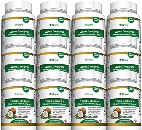 Coconut Colon Detox Cleanse for Weight Loss - with Aloe Psyllium Husk Flax Seed Licorice Root Ginger Best All Natural Healthy Digestive Laxative Constipation Cleanser - 12 Bottles 60 Capsules