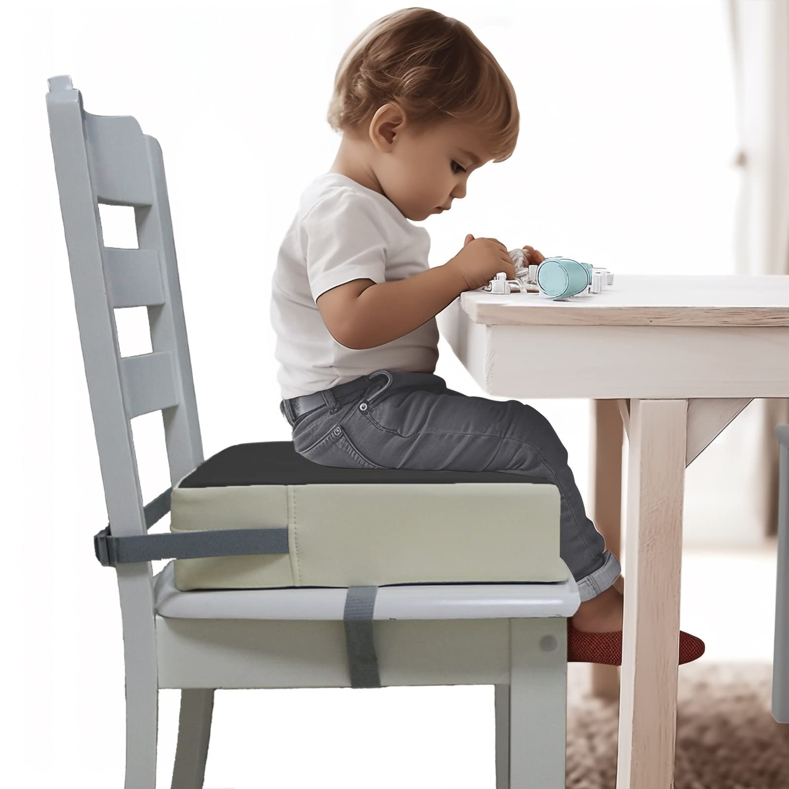 Toddler Dining Table Booster seat, PU Washable Waterproof Double seat Belt Non-Slip Bottom Booster seat for Dining Toddler, Portable Travel Increase Cushion