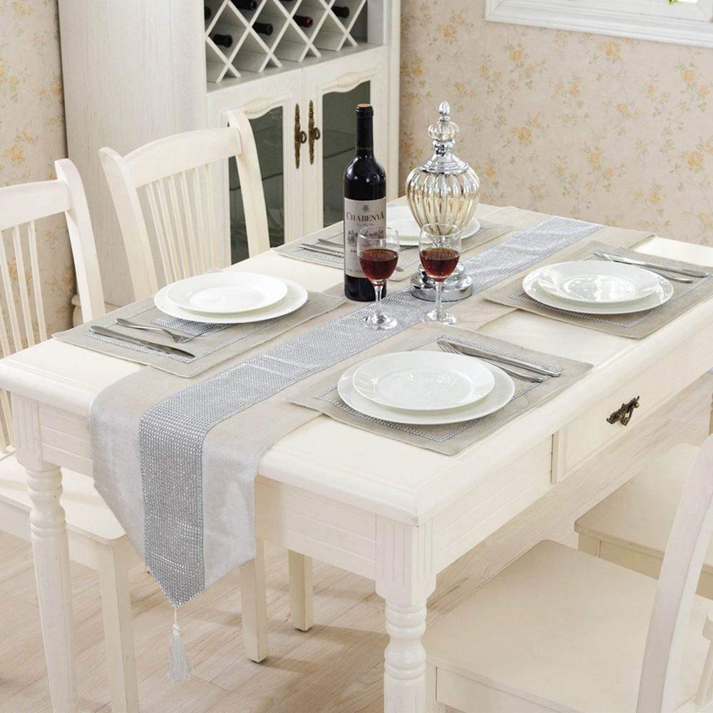 Time to Sparkle Set of 1 Velvet Table Runner + 4 Placemat Table Mats Thick Velvet Satin Tasseled Xmas (Velvet-ivory, 4*Placemats + 1*Runner)