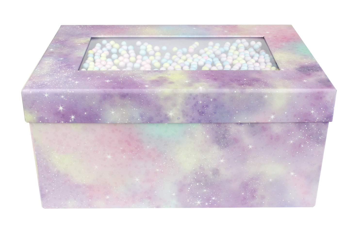 Emartbuy Rigid Gift Box, 28 x 18 x 13 cm, Pink Purple Pastel Box with Lid, MultiColoured Balls Decoration and 100g Shredded Paper in Pink
