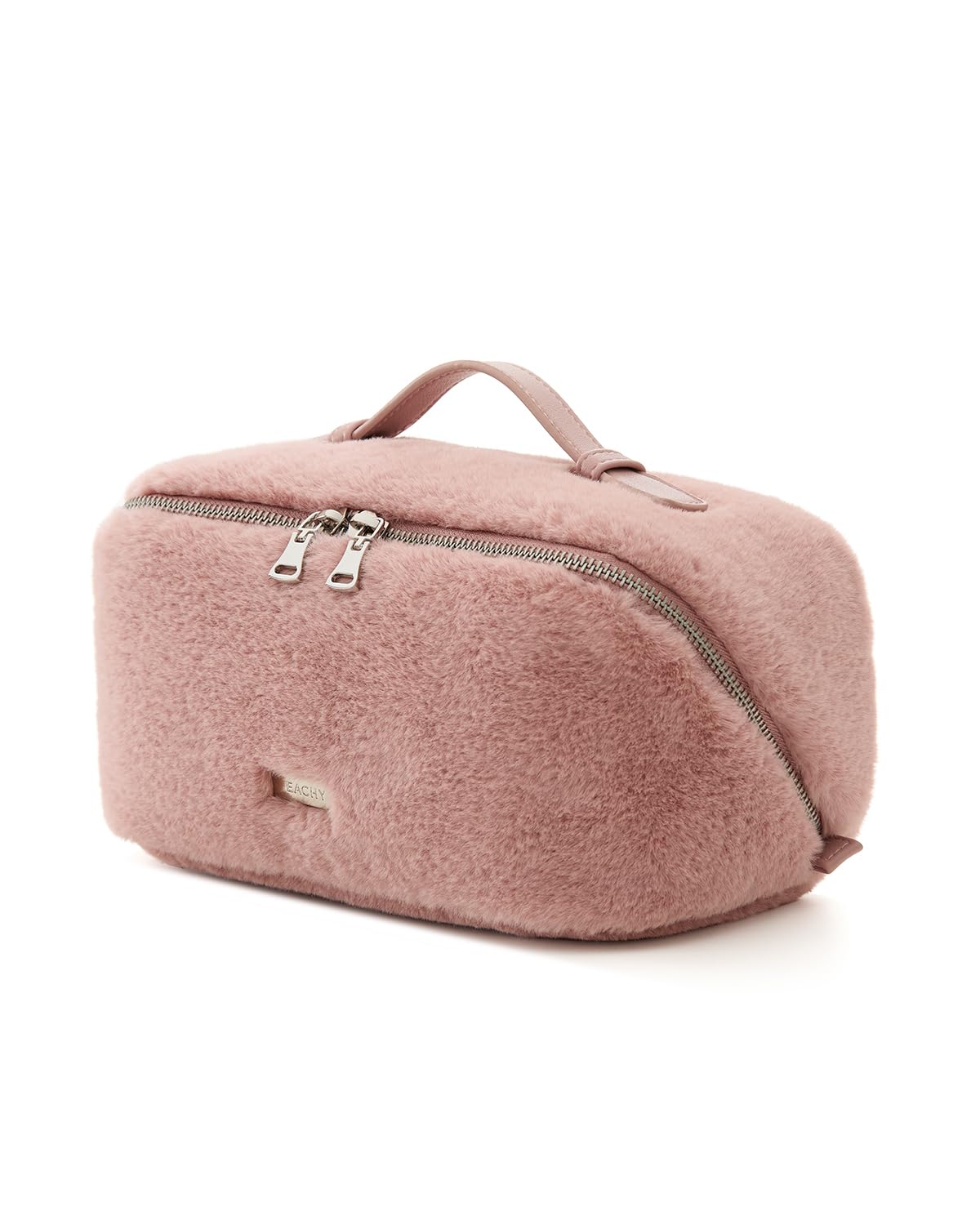 EACHY Travel Makeup Bag,Cute Faux Fur Cosmetic Bag for Women,Portable 180°Wide-Open Flat Make Up Bag,Large Capacity Makeup Pouch Make Up Organizer with Divider and Handle Image