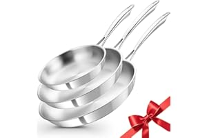 KOCH SYSTEME CS Tri Ply Stainless Steel Frying Pan, 8" 10" 12" Stainless Steel Pan Set, 18/10 Kitchen Skillet, Induction Comp