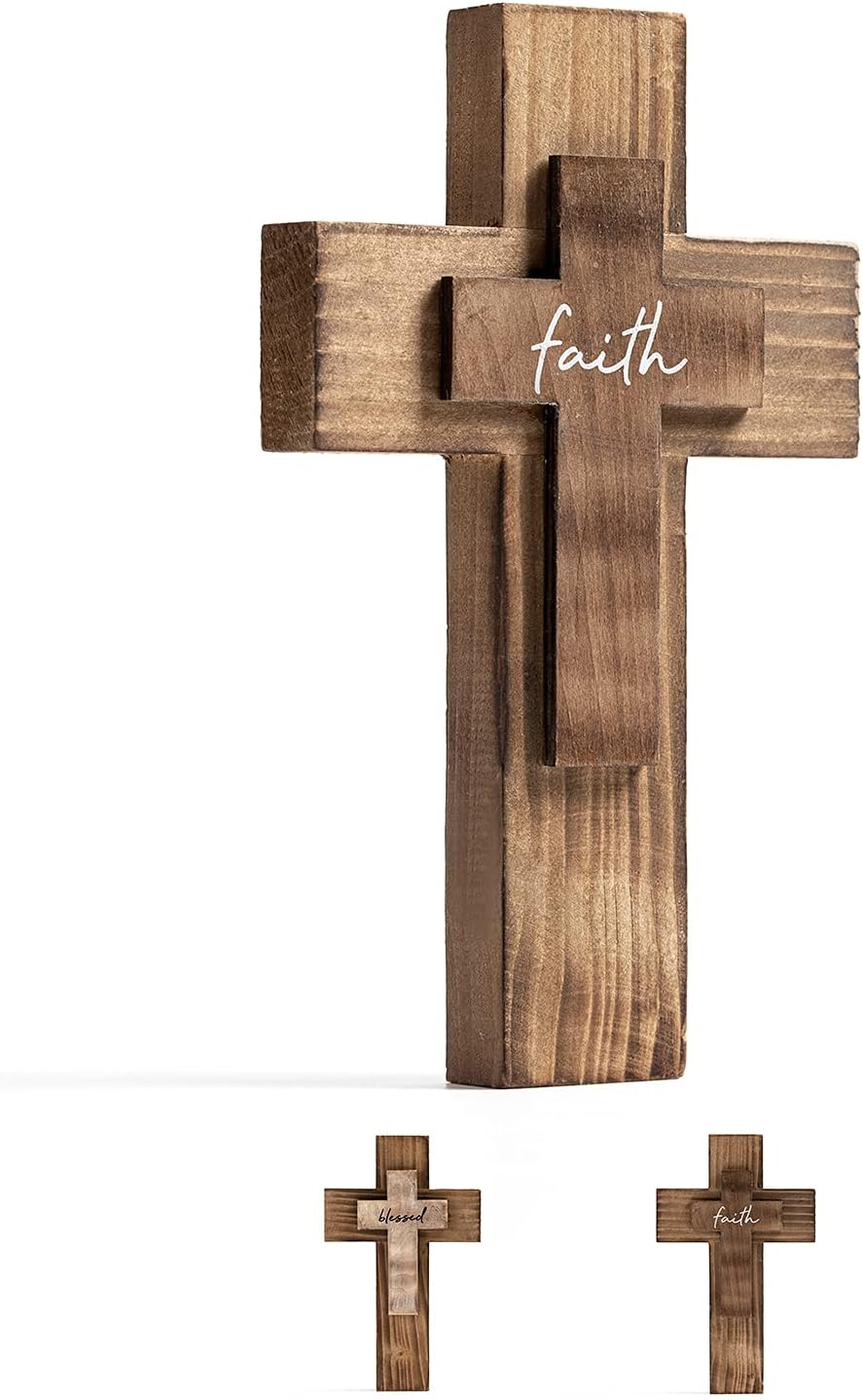 Wall and Table Wooden Cross Prayer Cross Christians Cross Holy Spiritual Religious Cross Gifts with Hook on Hanging Wall or Table or Hand Held with Faith Inspirational Motivation Cross for Church Home Room Decoration for Easter Christmas