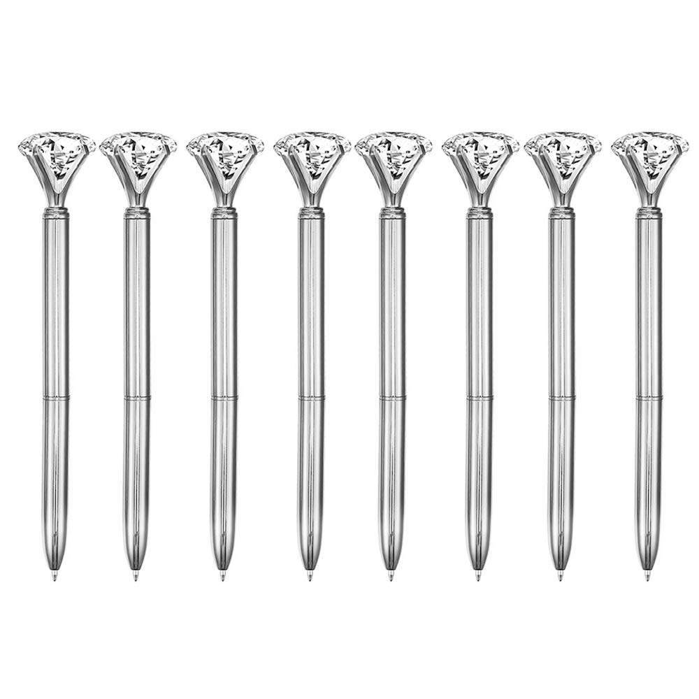 LA HAUTE 8pcs Big Crystal Diamond Pens Metal Ballpoint Pens Black Ink Business School Office Supplies, Silver