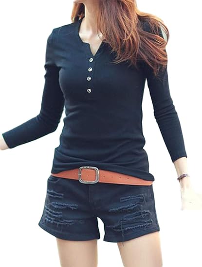 Amazon Zhongjue ジュージェン Tシャツ レディース スリム 韓国 長袖 ファッション シャツ Vネック ロンt 無地 黒白 春 Tシャツ カットソー 通販