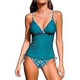 CUPSHE Women's Tankini Sets Two Piece Swimsuit V Neck Bathing Suit Mid Rise Drawstring Tummy Control Stitching