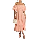 R.Vivimos Off-Shoulder Dresses for Women Summer Puff Sleeve Empire Waist Casual Ruffle A-Line Flowy Midi Dress with Belt