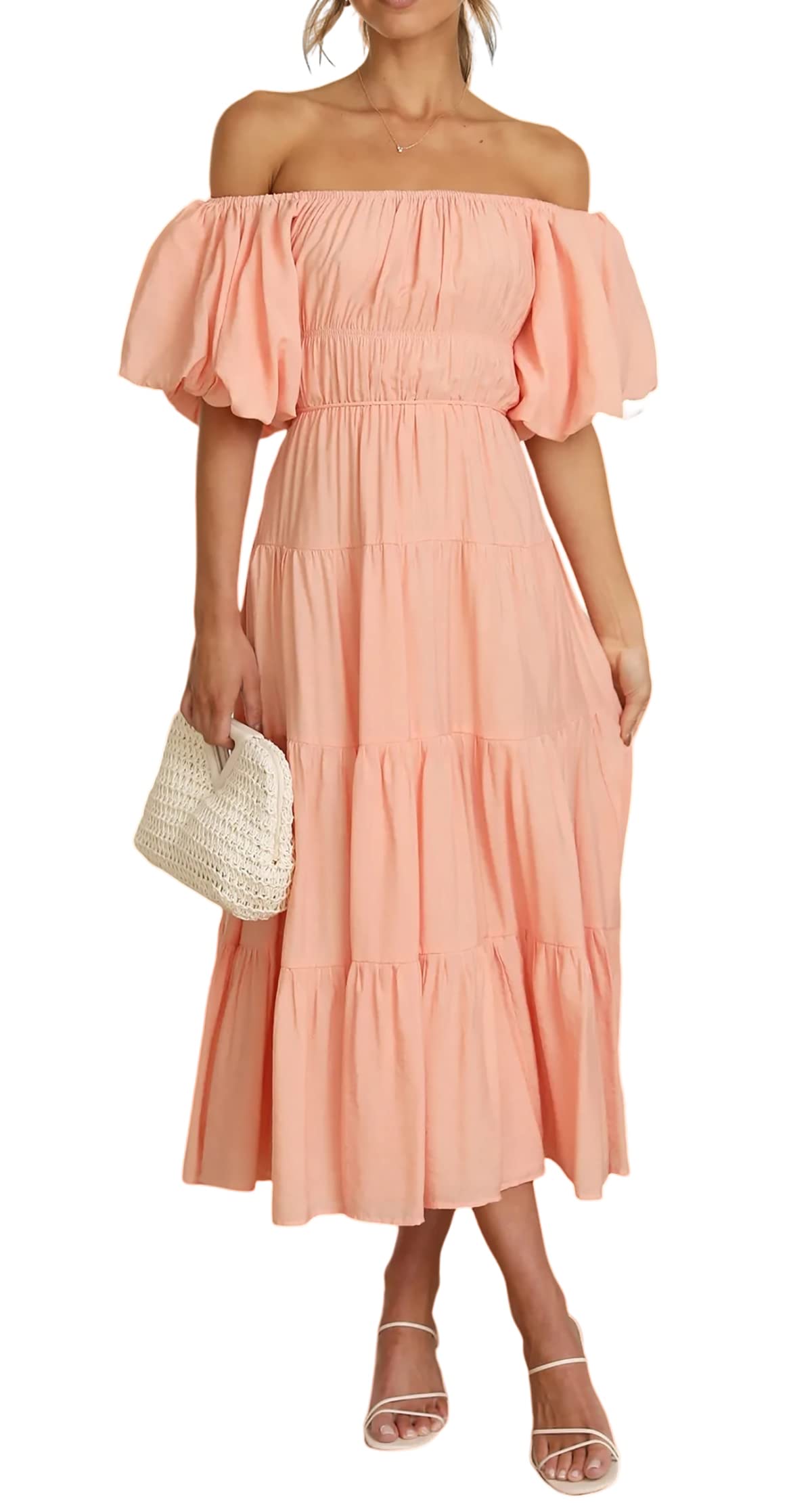 Photo 1 of **USED, STAINED** R.Vivimos Off-Shoulder Dresses for Women Summer Puff Sleeve Empire Waist Casual Ruffle A-Line Flowy Midi Dress with Belt (X-Large, Peach)