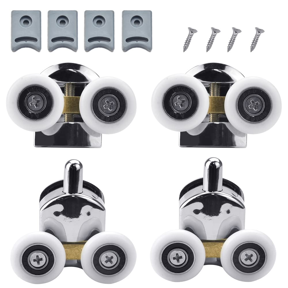 PERFETSELL 4 PCS Shower Door Rollers 23mm Sliding Shower Door Runners Wheels 2 Top & 2 Bottom Showers Wheels Replacements for Curved Doors, Chrome Plated Fixing Pulleys Fit Glass Holes 14mm