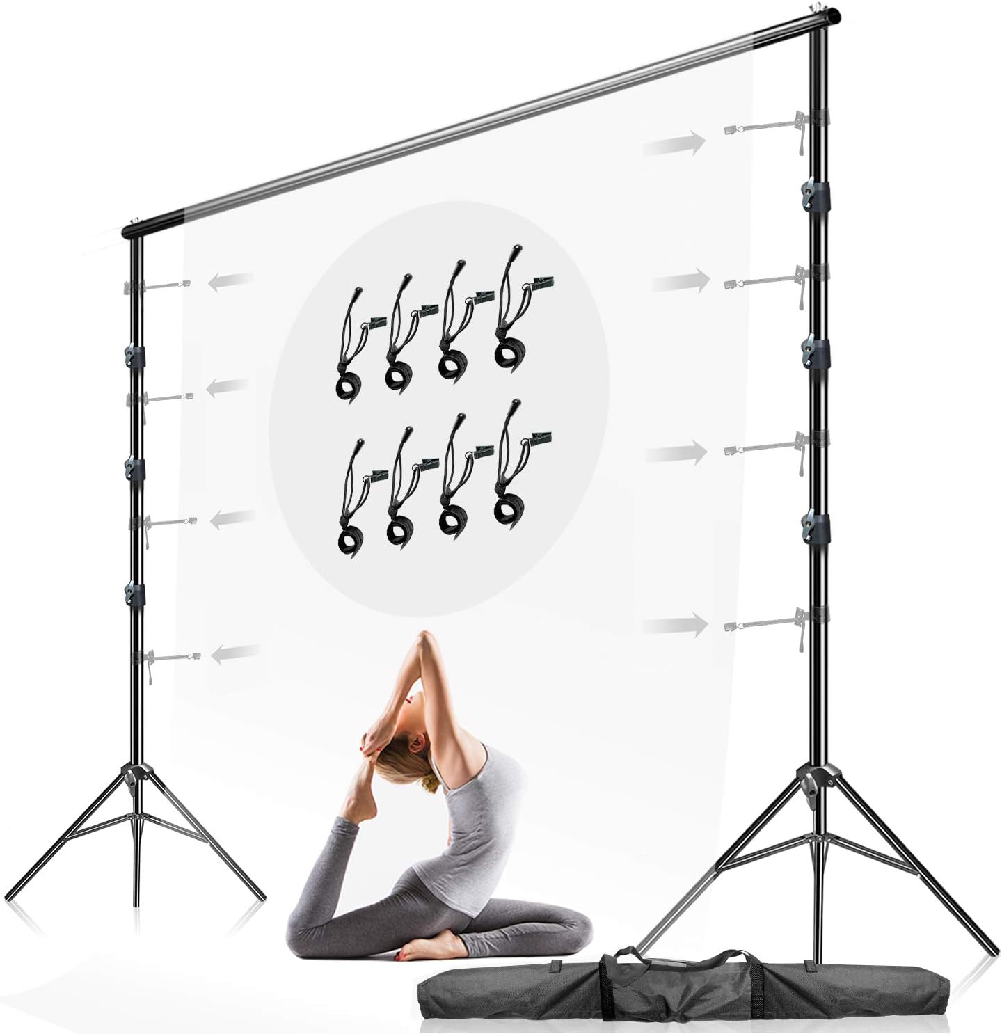 Julius Studio 10 ft. Max Wide 9.4 ft. Max Tall Adjustable Background Support Equipment, Backdrop Stands for Photography Video Studio, Backdrop Muslin with 8-Pack String Holders Carry Bag, LNA1106