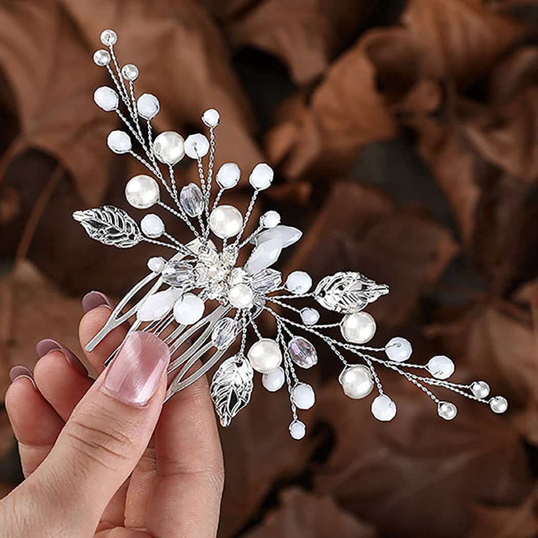 Fashband Flower Wedding Hair Comb Silver Crystal Pearl Leaf Hair Accessories Bridal Headpiece for Women and Girls