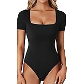 LYANER Women's Square Neck Bodysuit Short Sleeve Sexy Slim Fit Shirt Leotard Top Black Large