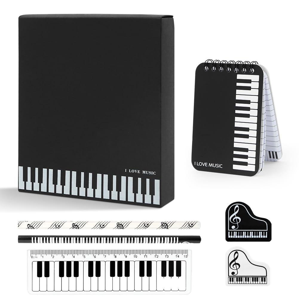 Music Stationery Gift Box Set Includes 1 Piano Keyboard Mini Spiral Notebook 2 Musical Melody Pencil 2 Piano Shaped Music Note Eraser 1 Piano Ruler for Kid Student Study Gift School Office Accessories